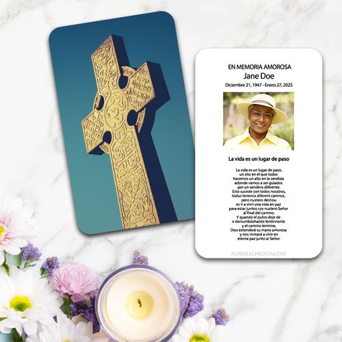Show details for Celtic Cross Blue Sky 2 Spanish Prayer Card